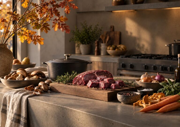 Eine herbstliche Küche mit Wildfleisch, saisonalem Gemüse, Gewürzen und frischen Kräutern