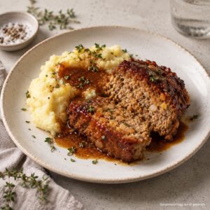 Wildschwein Hackbraten mit Linsen, angerichtet auf einem Teller mit Kartoffelpüree und Bratensauce