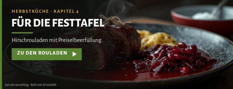 Herbstküche, Kapitel 4: Für die Festtafel – Hirschrouladen mit Preiselbeerfüllung. Serviervorschlag, Bild mit KI erstellt.